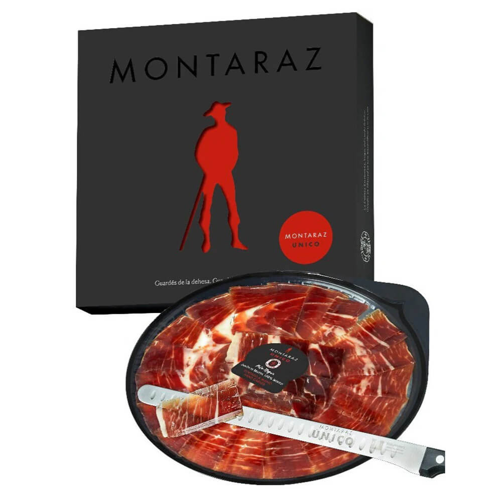 Montaraz Único - Caja regalo con 10 platos de Jamón de Bellota 100% Ibérico cortado a cuchillo
